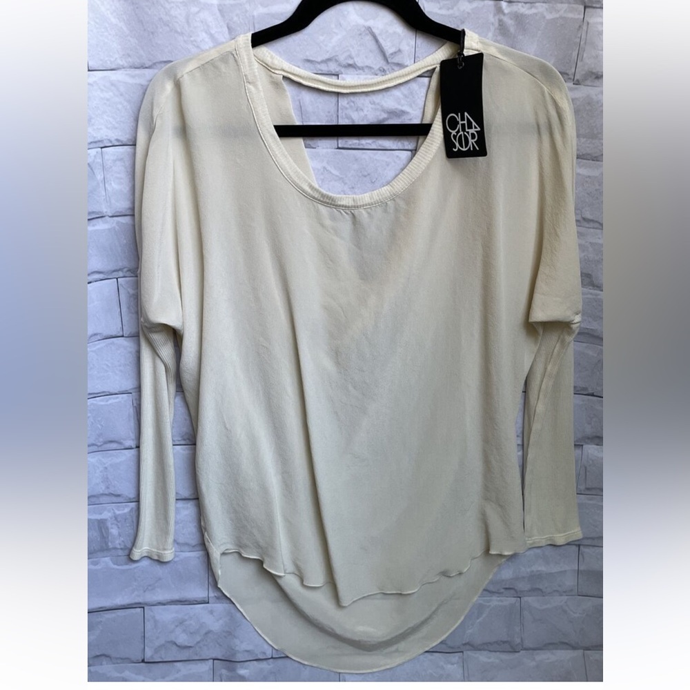 CHASER long sleeves beige draped open back top Size L NWT